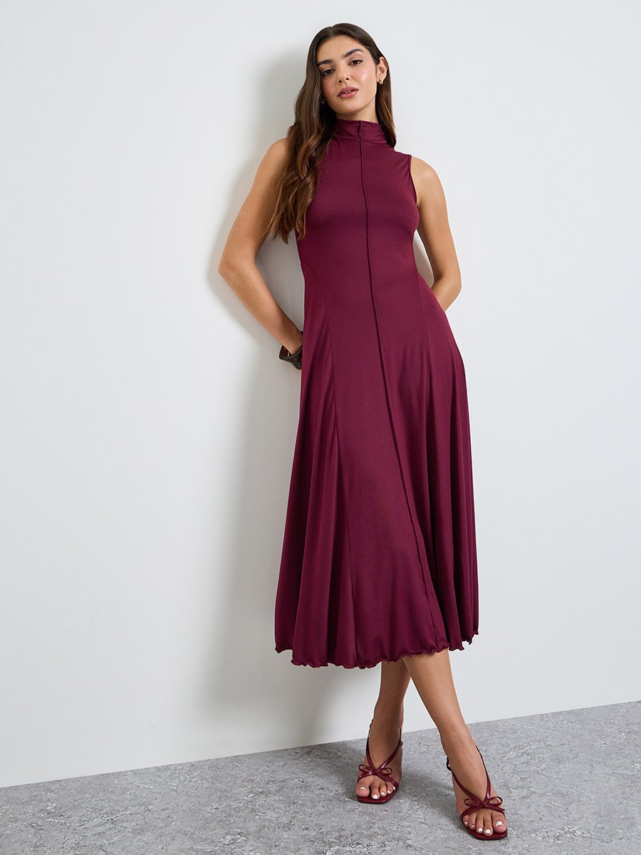 Burgundy Sleeveless A-Line Midi Dress