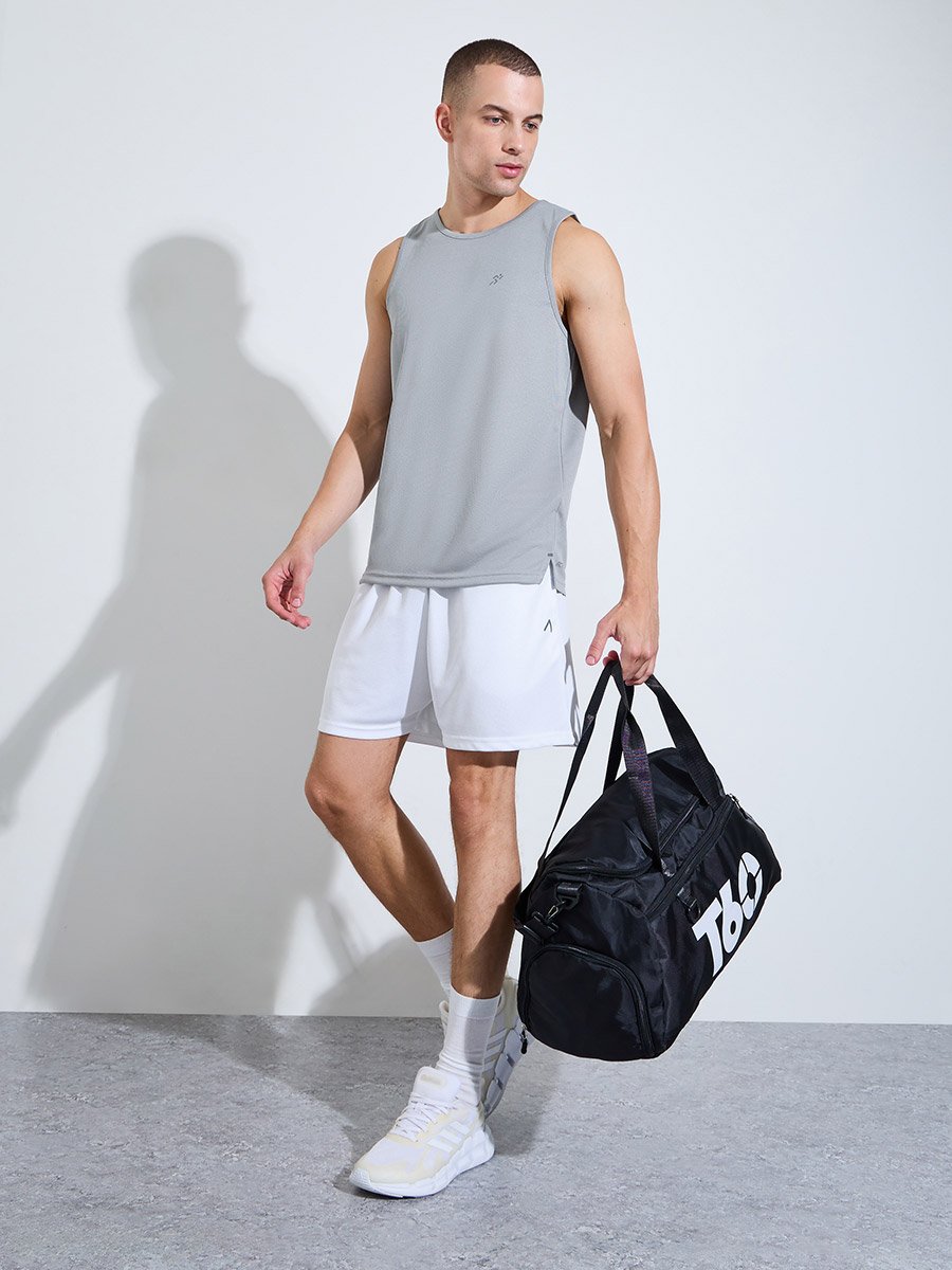 Men Grey Mesh Tank Top with Side Slits and Reflective Print