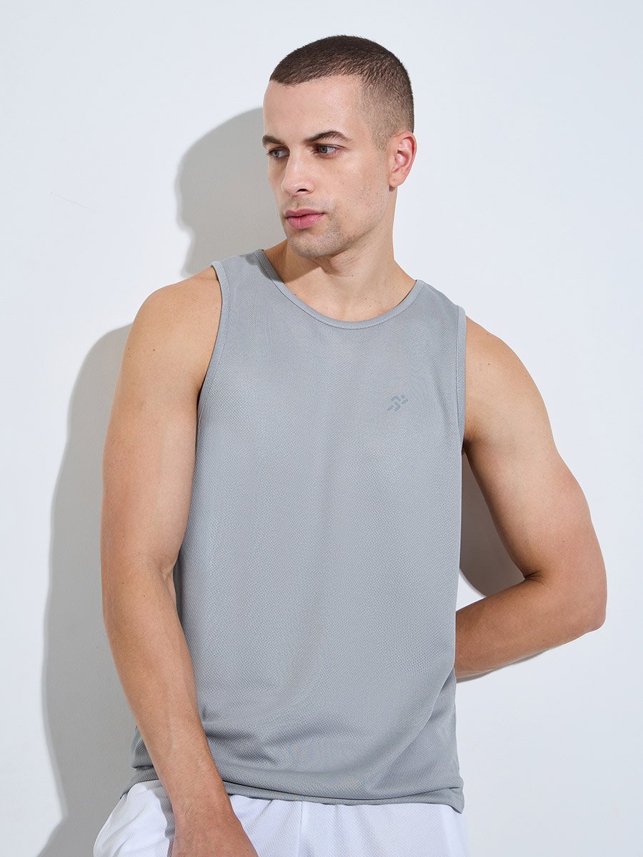 Men Grey Mesh Tank Top with Side Slits and Reflective Print