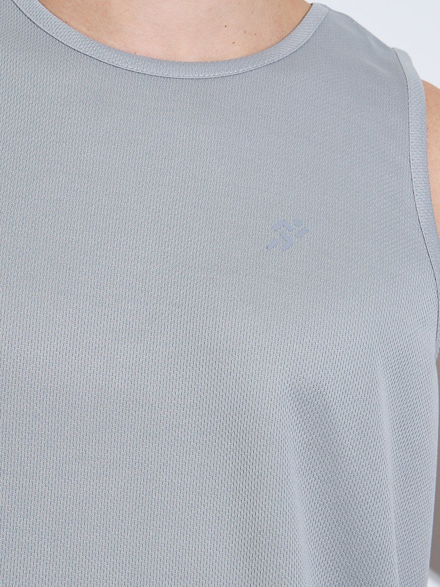 Men Grey Mesh Tank Top with Side Slits and Reflective Print