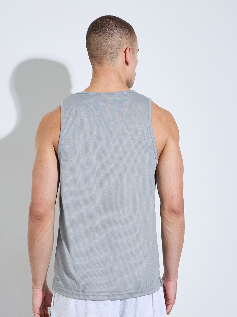 Men Grey Mesh Tank Top with Side Slits and Reflective Print