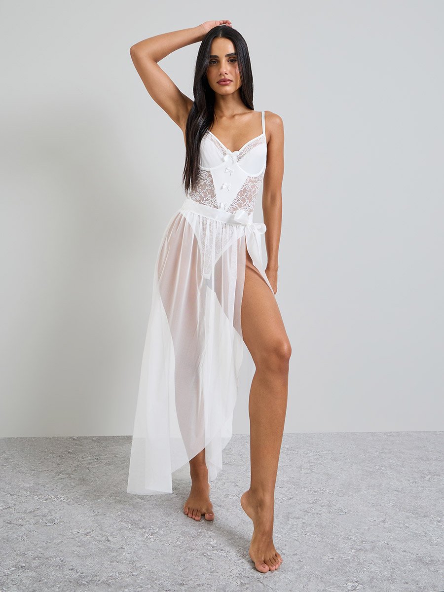 White Lace Bodysuit and Mesh Wrap Skirt Set
