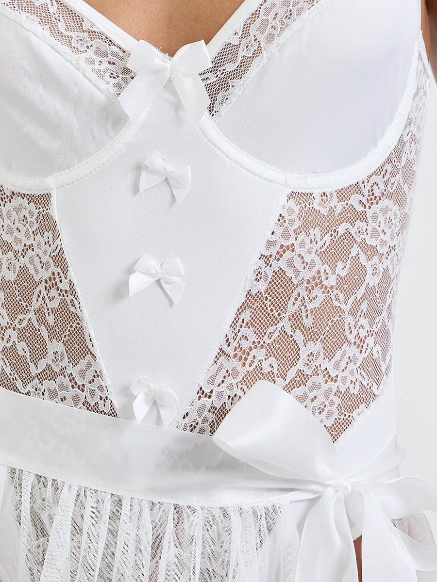 White Lace Bodysuit and Mesh Wrap Skirt Set
