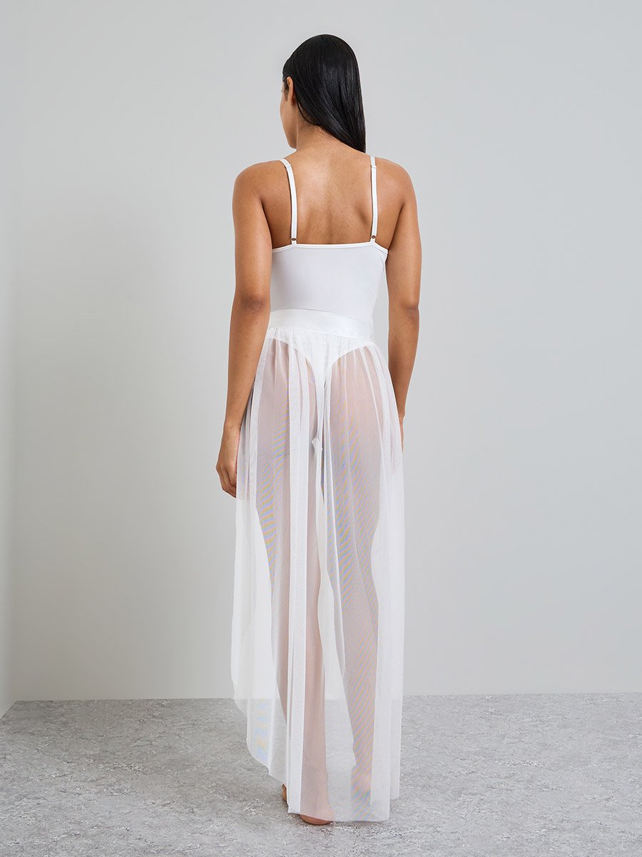 White Lace Bodysuit and Mesh Wrap Skirt Set