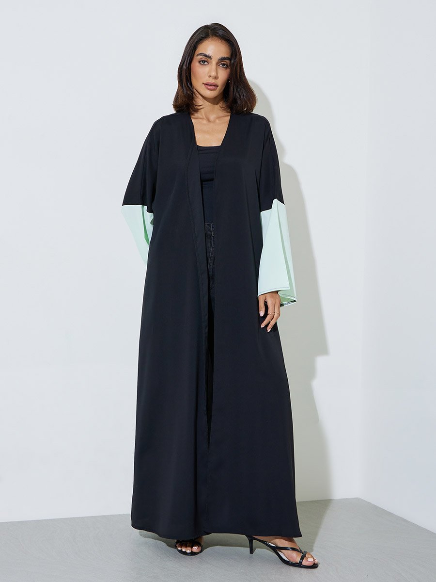 Black Front Open Abaya with Contrast Side Panel