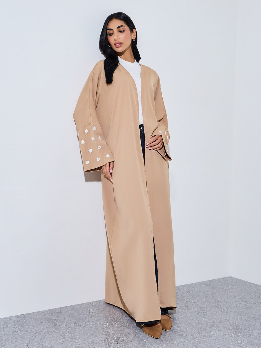 Brown Front Open Embroidered Floral Sleeve Abaya