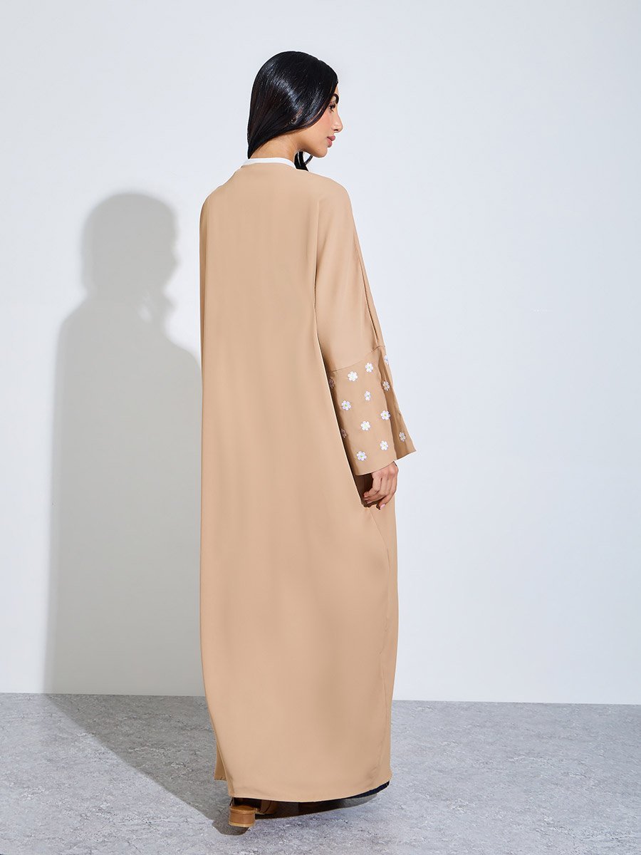 Brown Front Open Embroidered Floral Sleeve Abaya