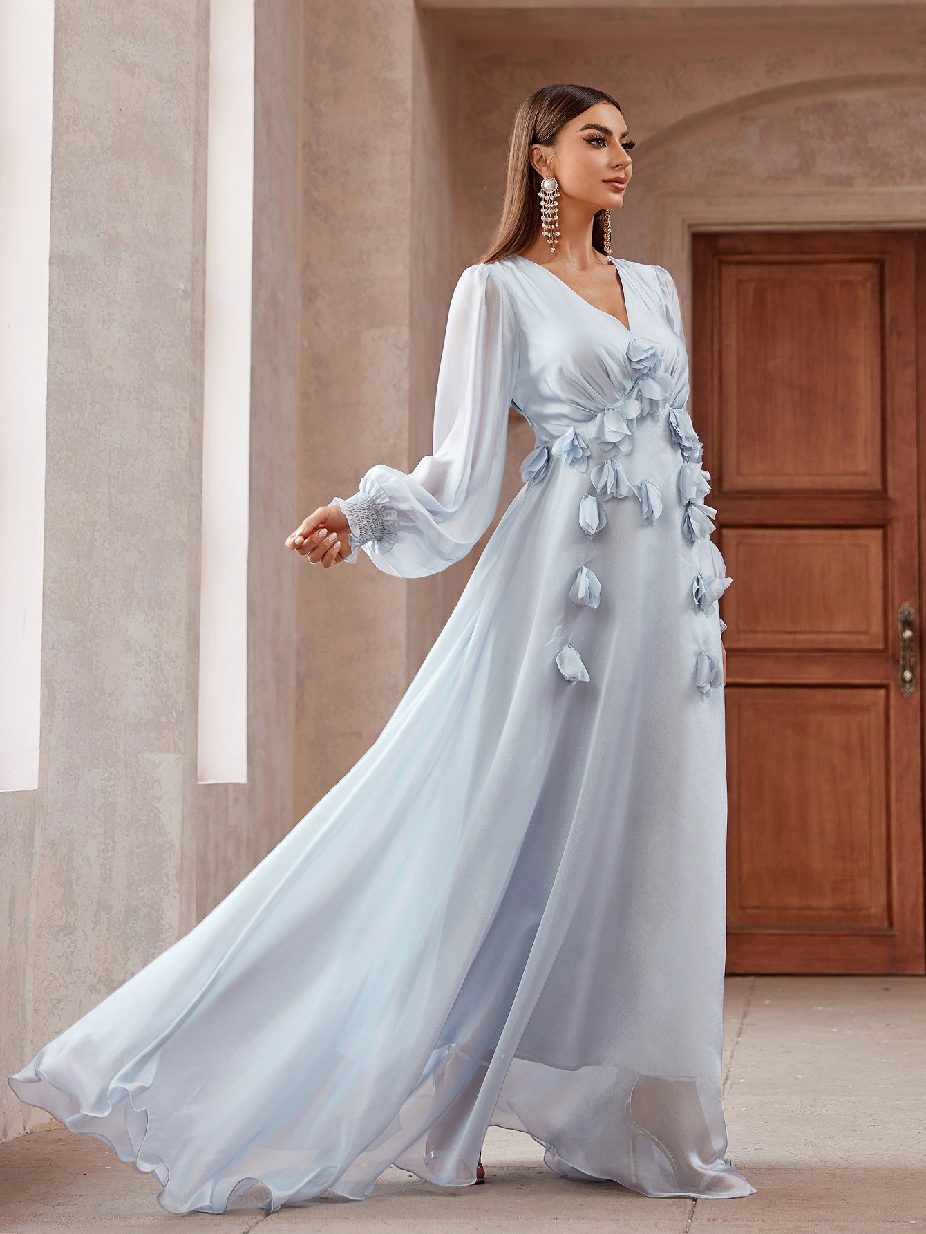 Ruffle Trim Long Sleeves Maxi Dress