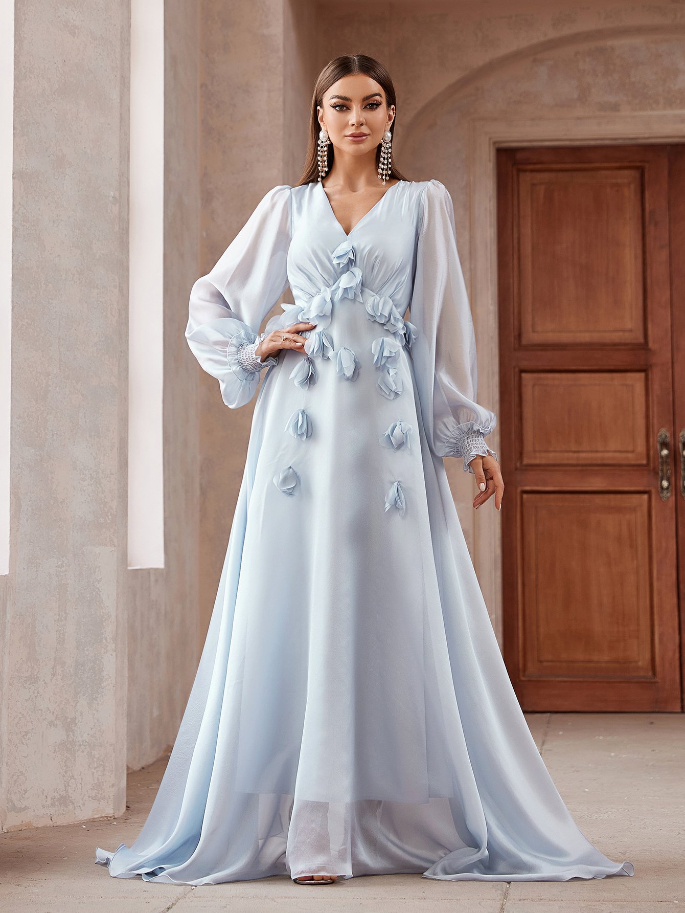 Ruffle Trim Long Sleeves Maxi Dress