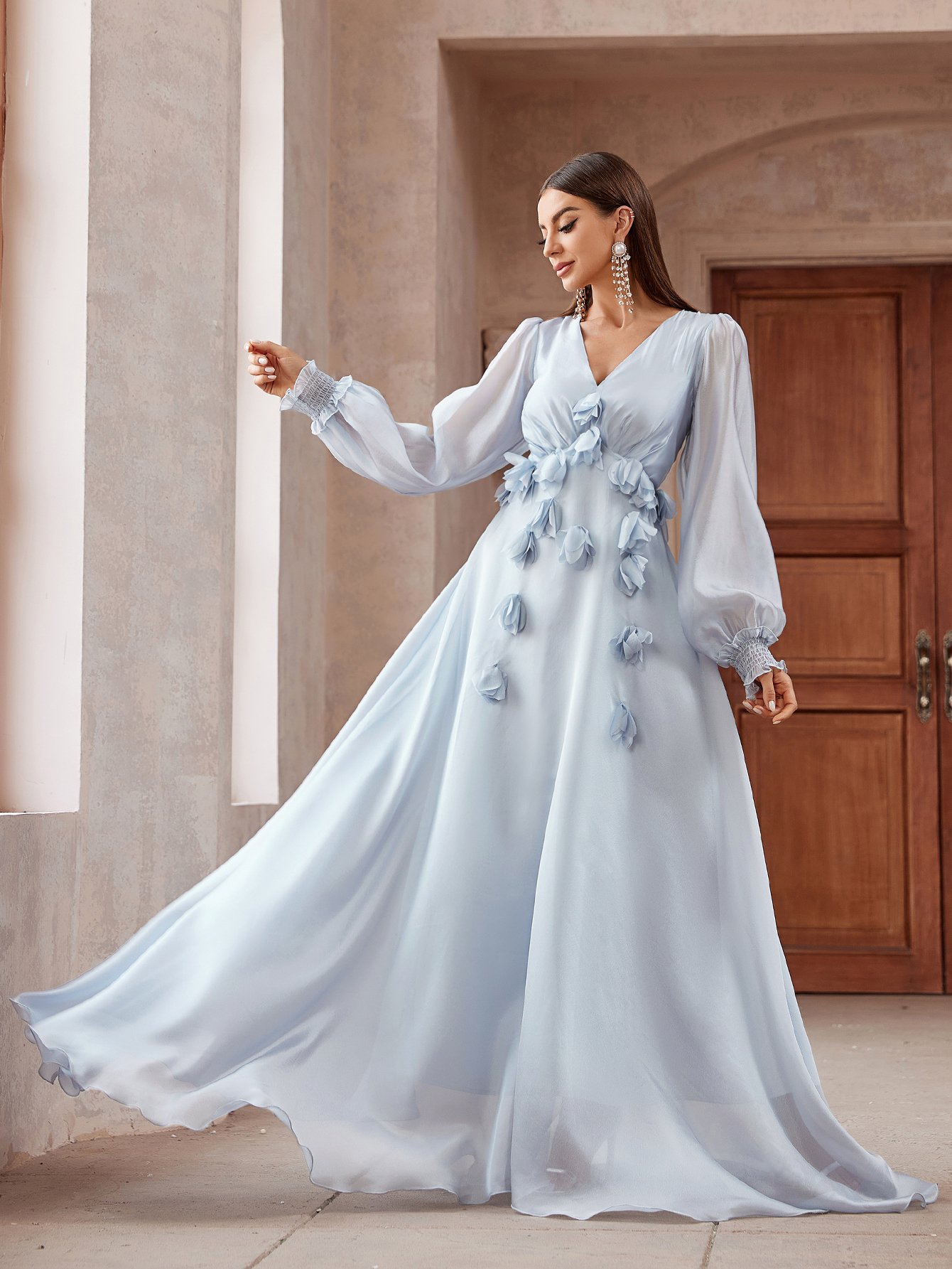 Ruffle Trim Long Sleeves Maxi Dress