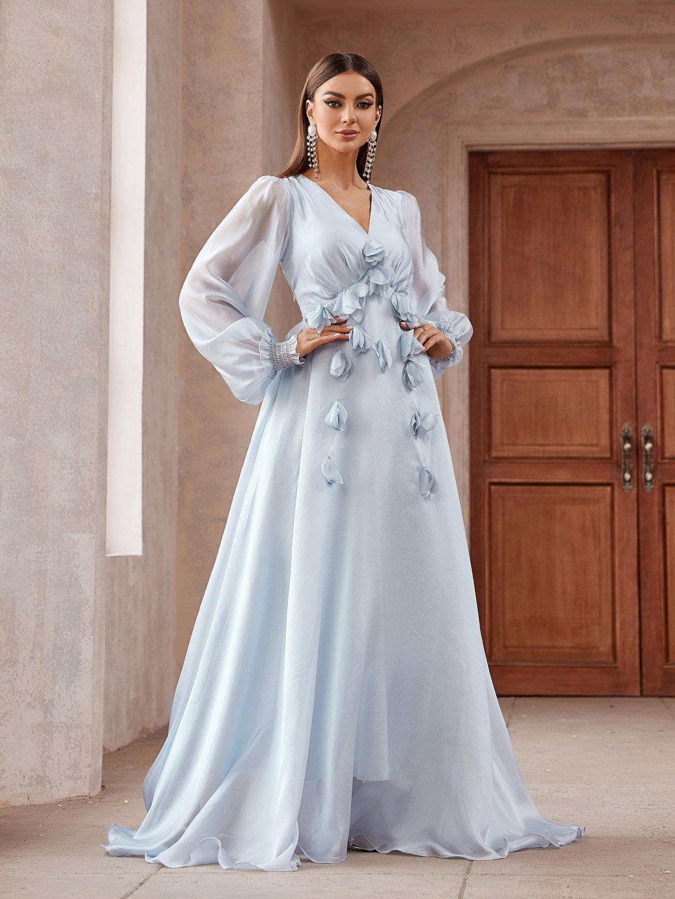 Ruffle Trim Long Sleeves Maxi Dress