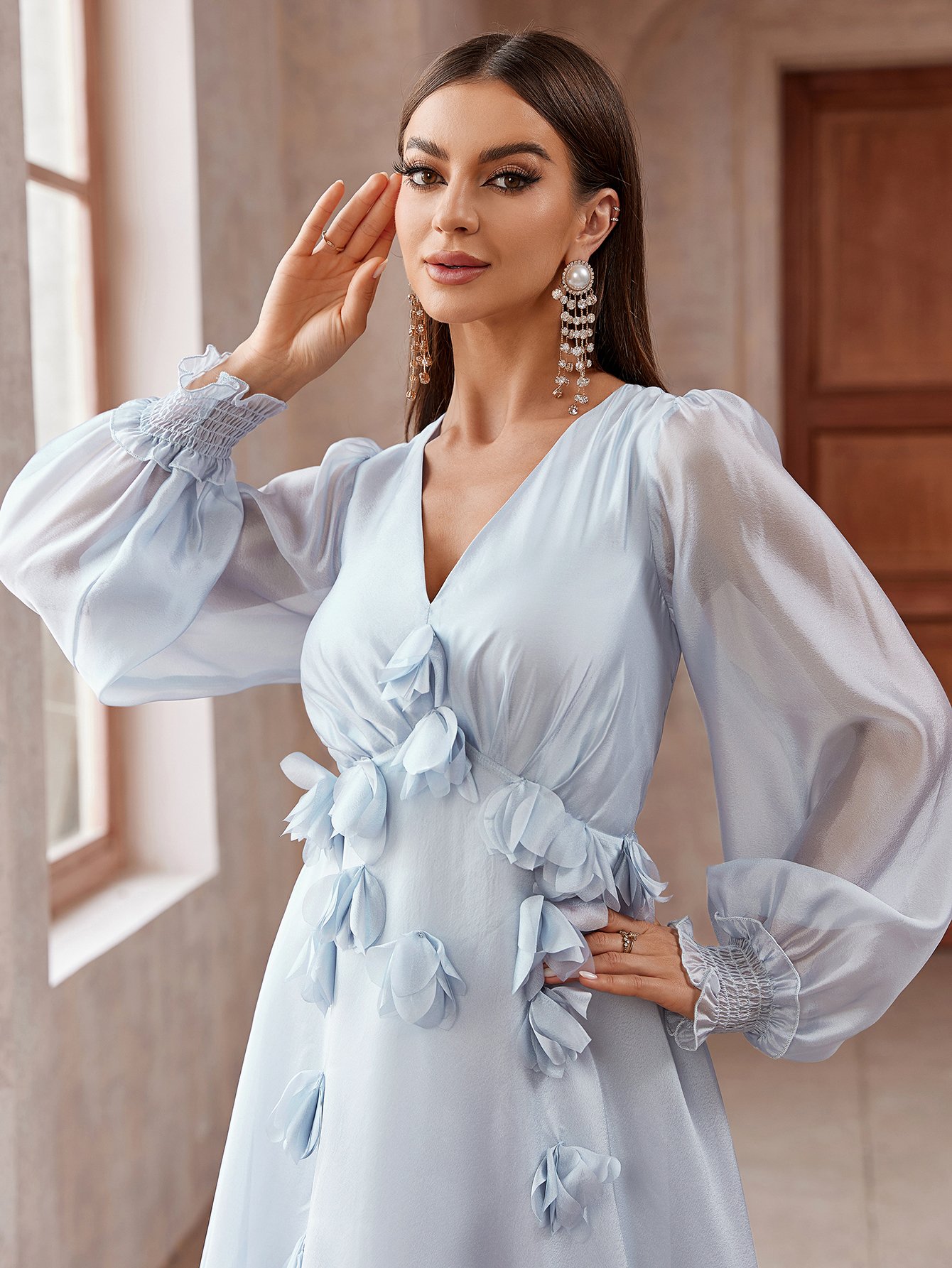 Ruffle Trim Long Sleeves Maxi Dress
