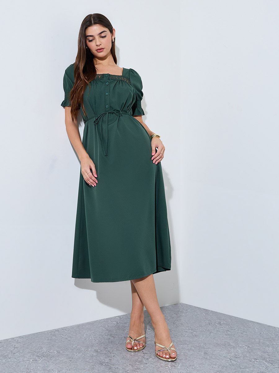 Dark Green Square Neck A-Line Midi Dress