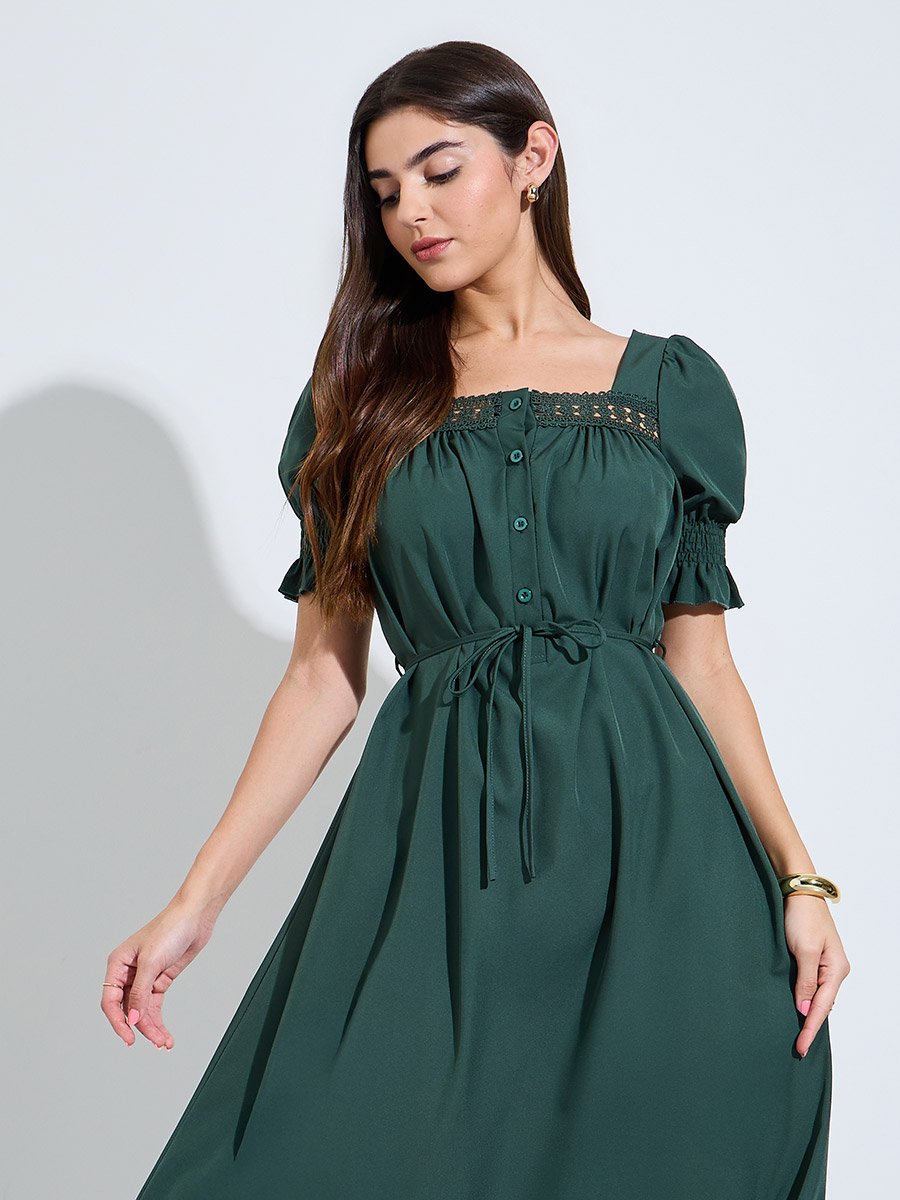 Dark Green Square Neck A-Line Midi Dress