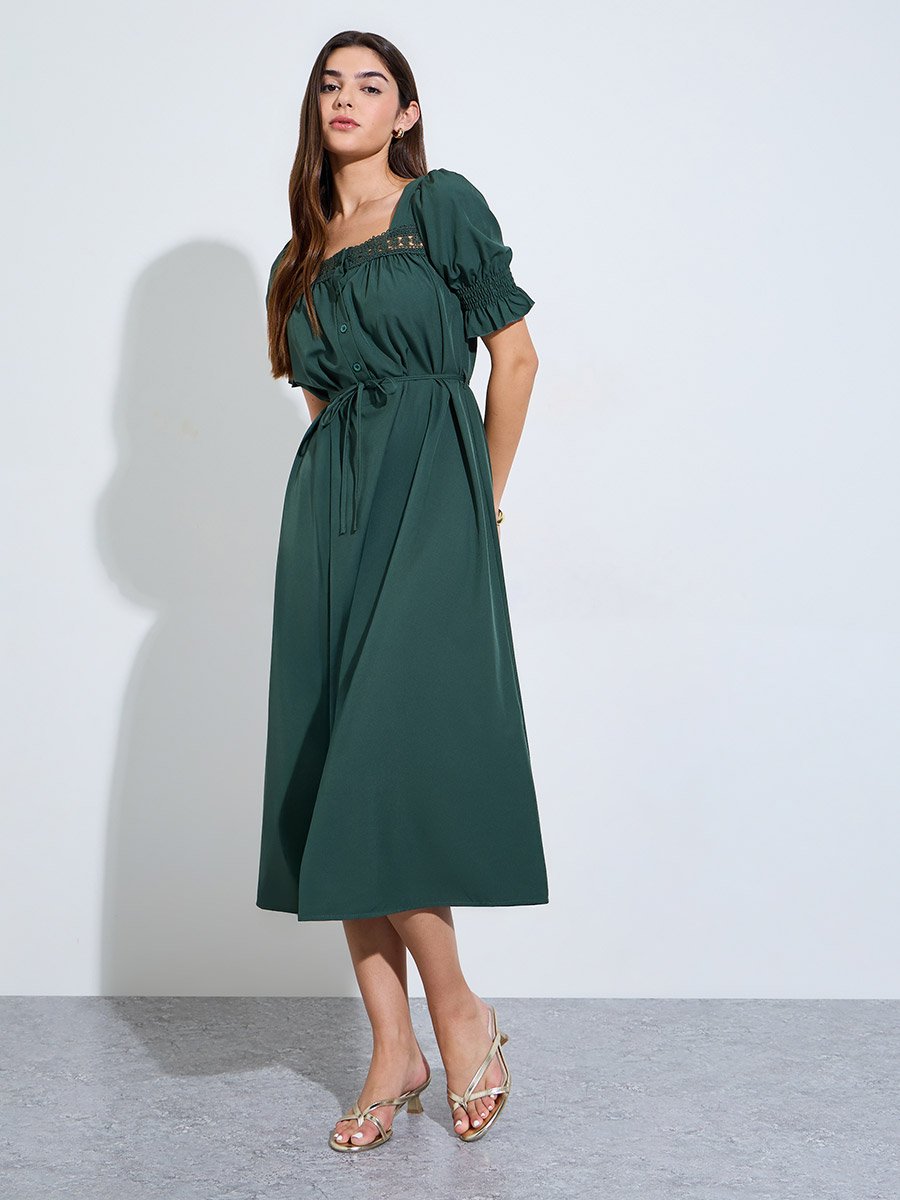 Dark Green Square Neck A-Line Midi Dress