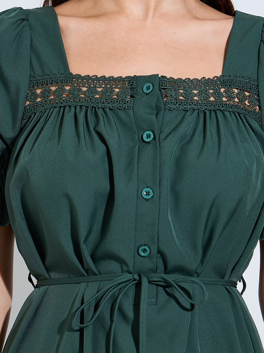 Dark Green Square Neck A-Line Midi Dress