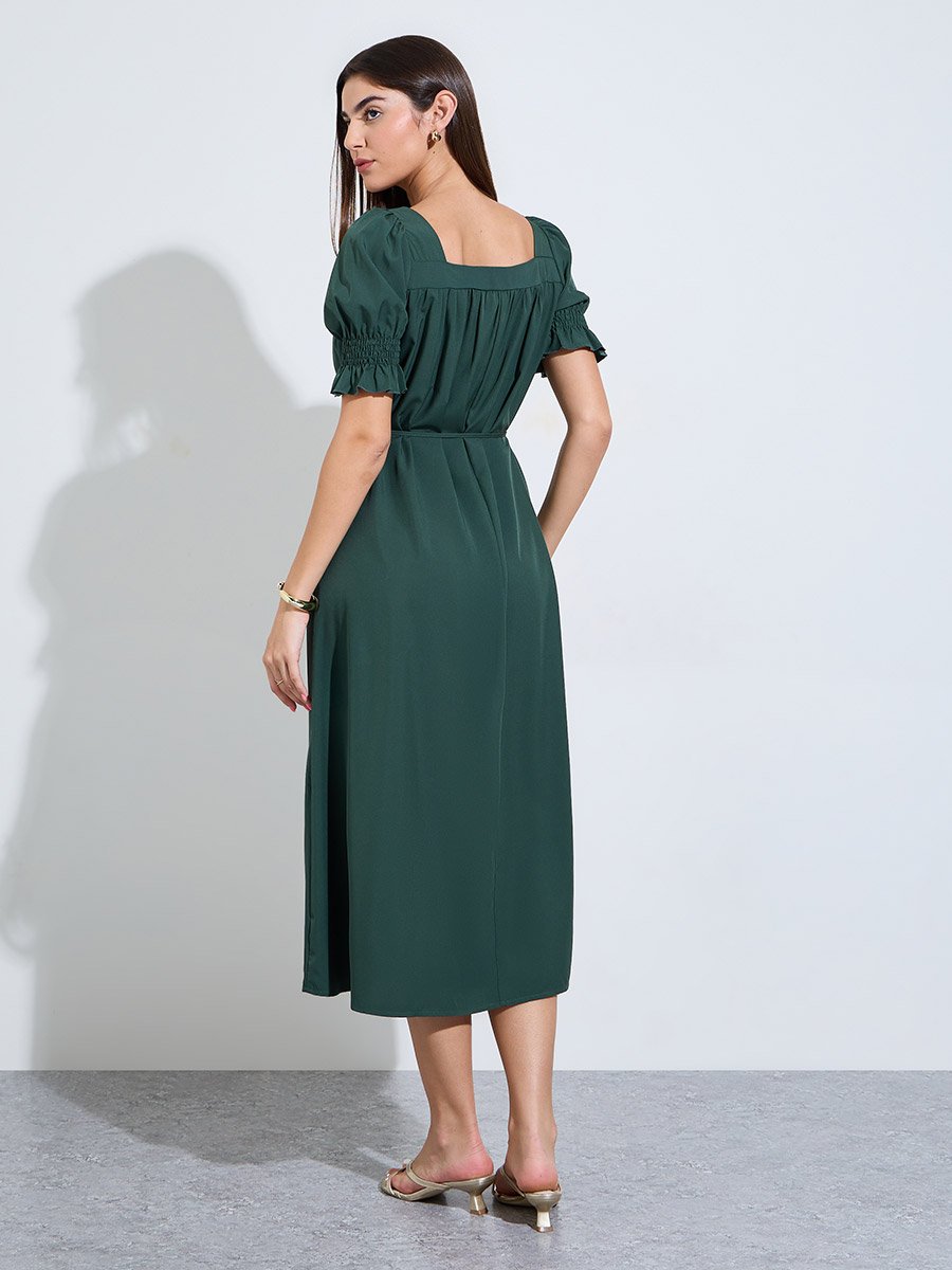 Dark Green Square Neck A-Line Midi Dress