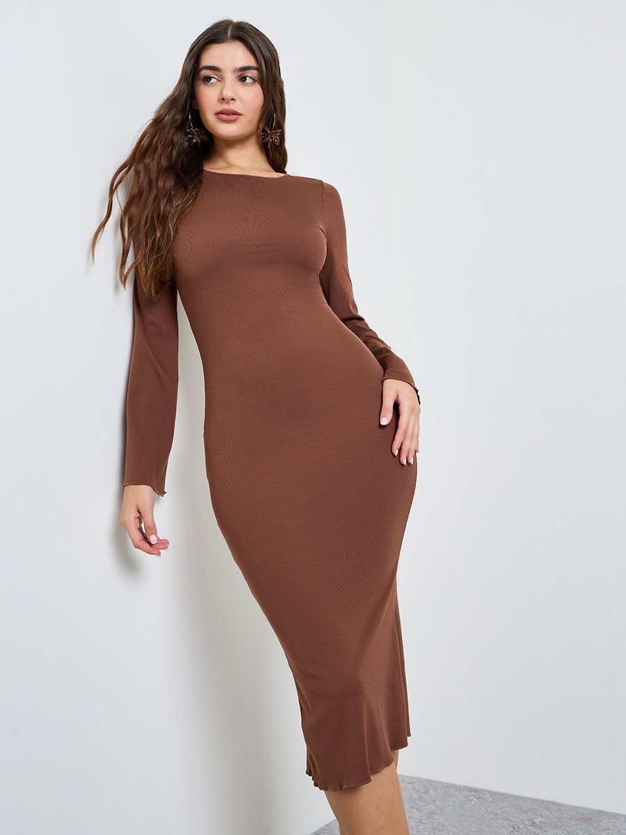 Brown Solid Back Slit Bodycon Midi Dress