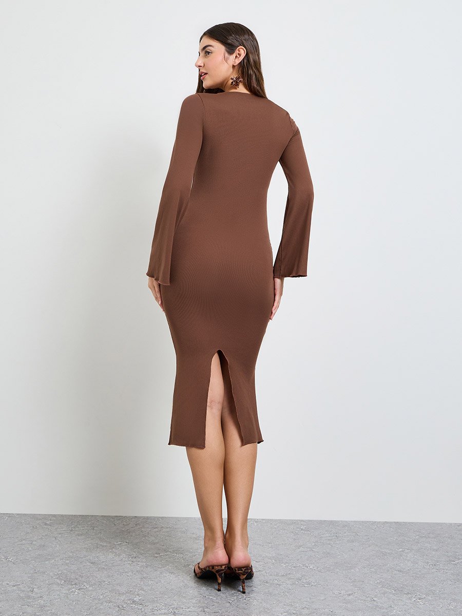 Brown Solid Back Slit Bodycon Midi Dress
