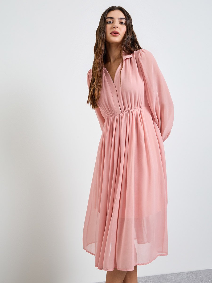 Pink Solid Long Sleeves Chiffon A-Line Midi Dress