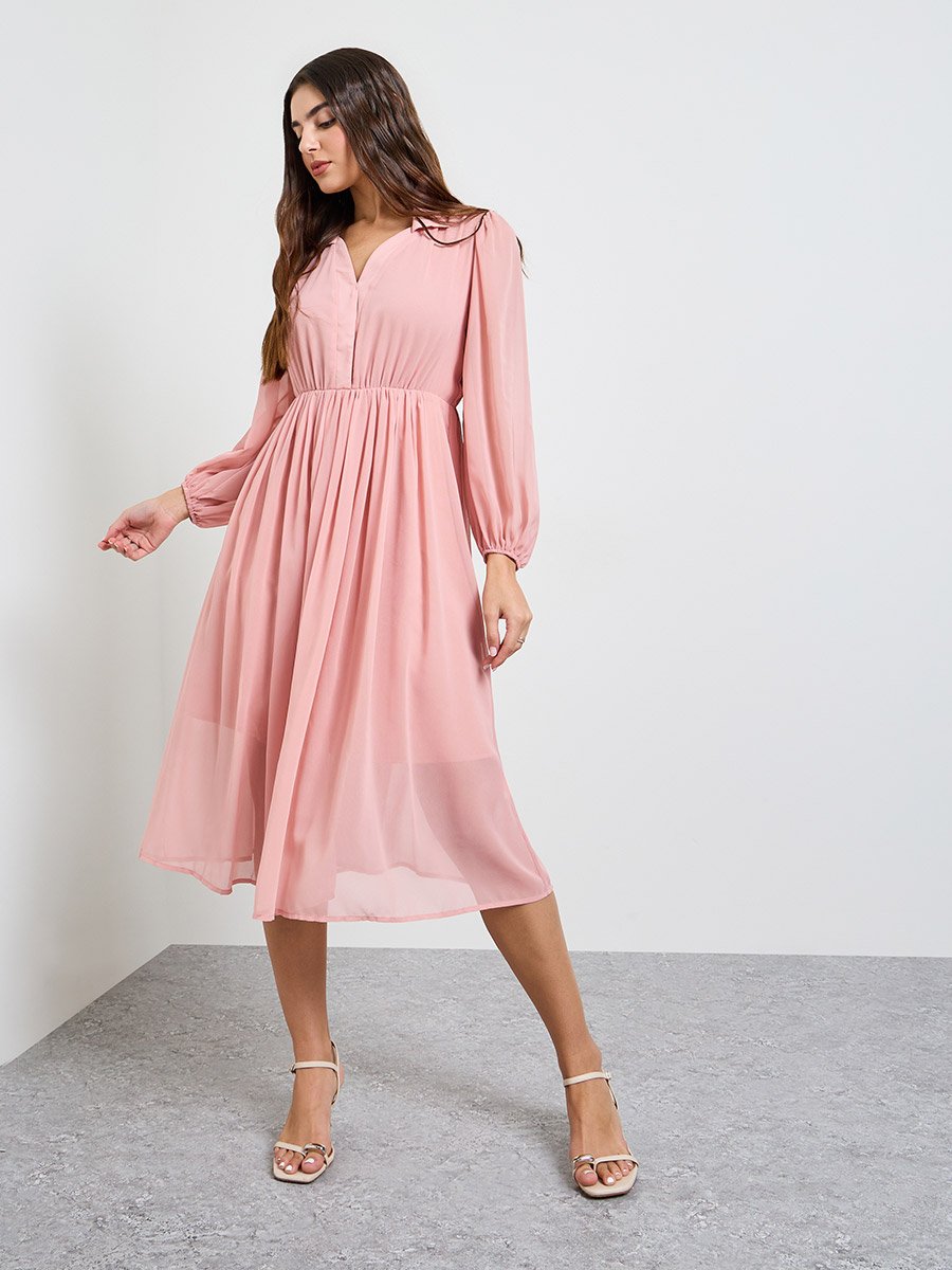 Pink Solid Long Sleeves Chiffon A-Line Midi Dress