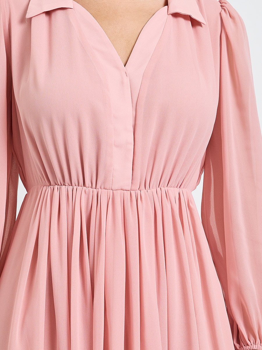 Pink Solid Long Sleeves Chiffon A-Line Midi Dress