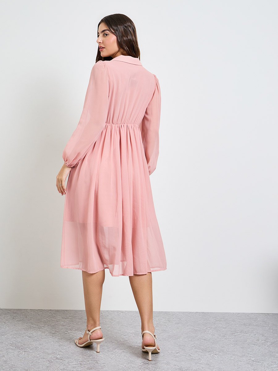 Pink Solid Long Sleeves Chiffon A-Line Midi Dress