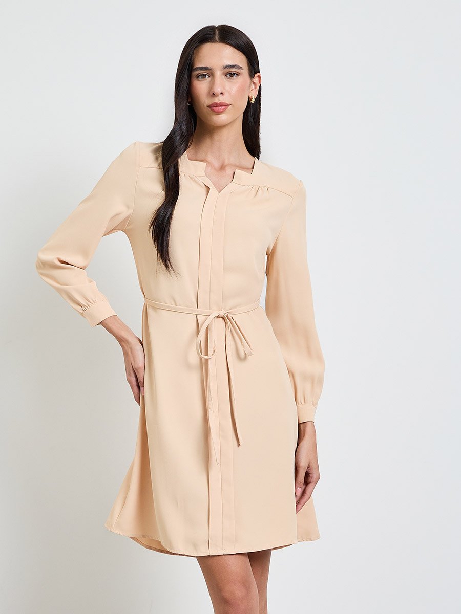 Beige Solid Notch Neck A-Line Dress with Belt Detail