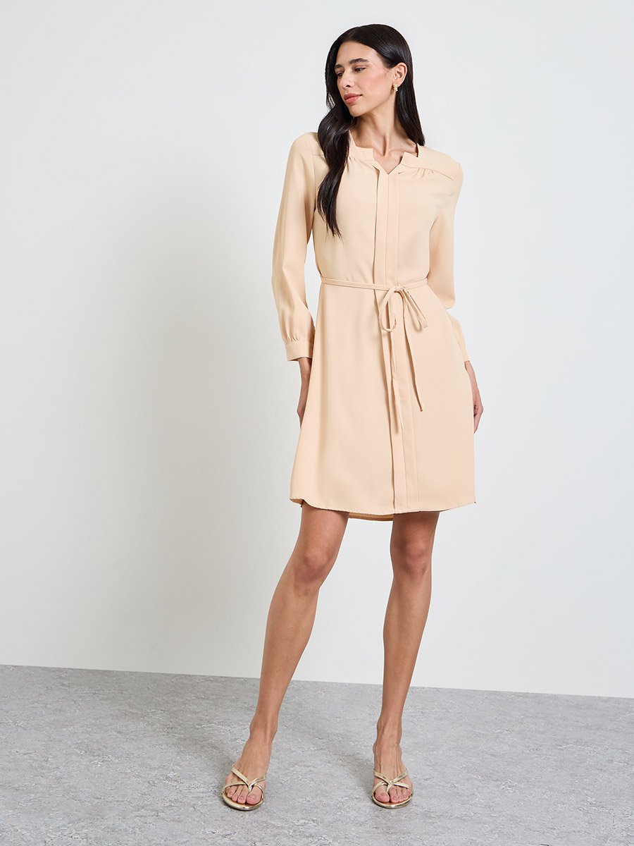 Beige Solid Notch Neck A-Line Dress with Belt Detail