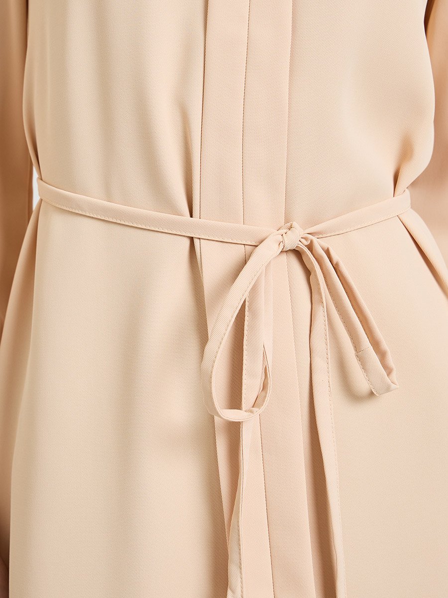 Beige Solid Notch Neck A-Line Dress with Belt Detail