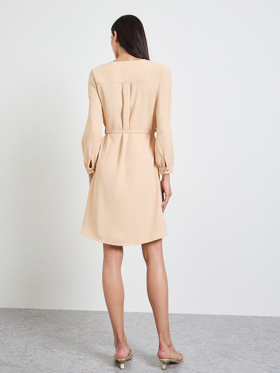 Beige Solid Notch Neck A-Line Dress with Belt Detail