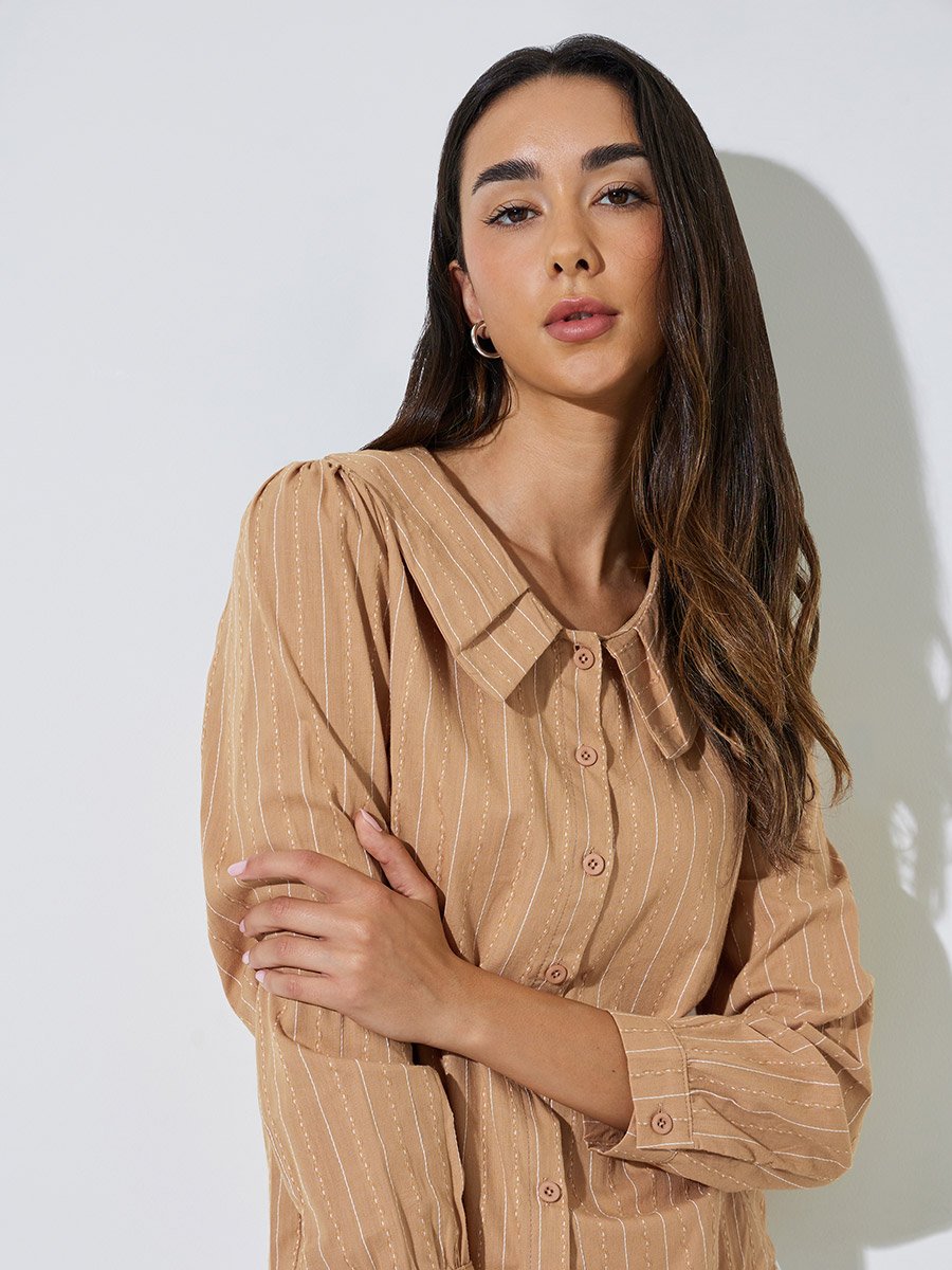 Brown Textured Peter Pan Collar Shirt