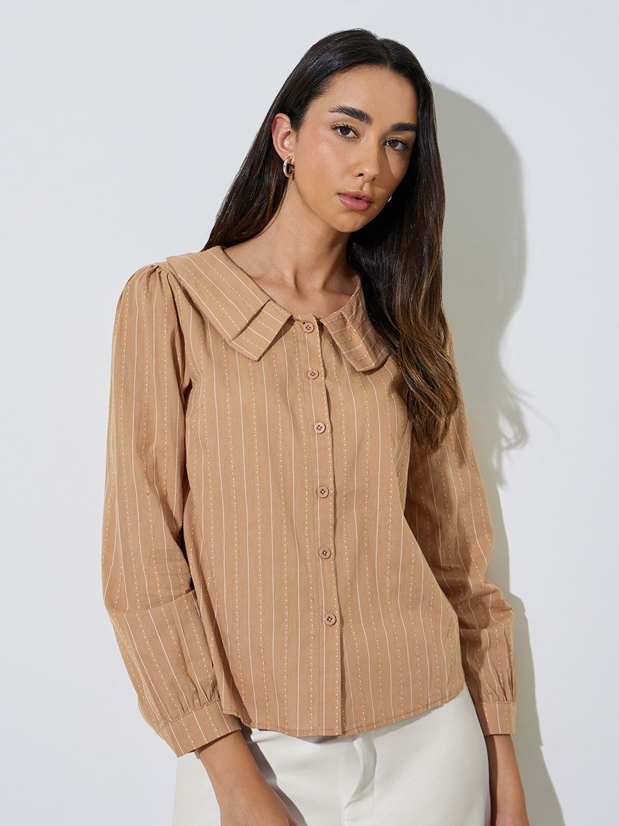 Brown Textured Peter Pan Collar Shirt