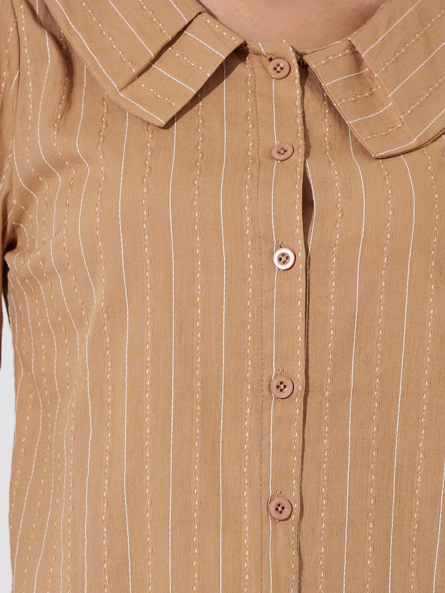 Brown Textured Peter Pan Collar Shirt