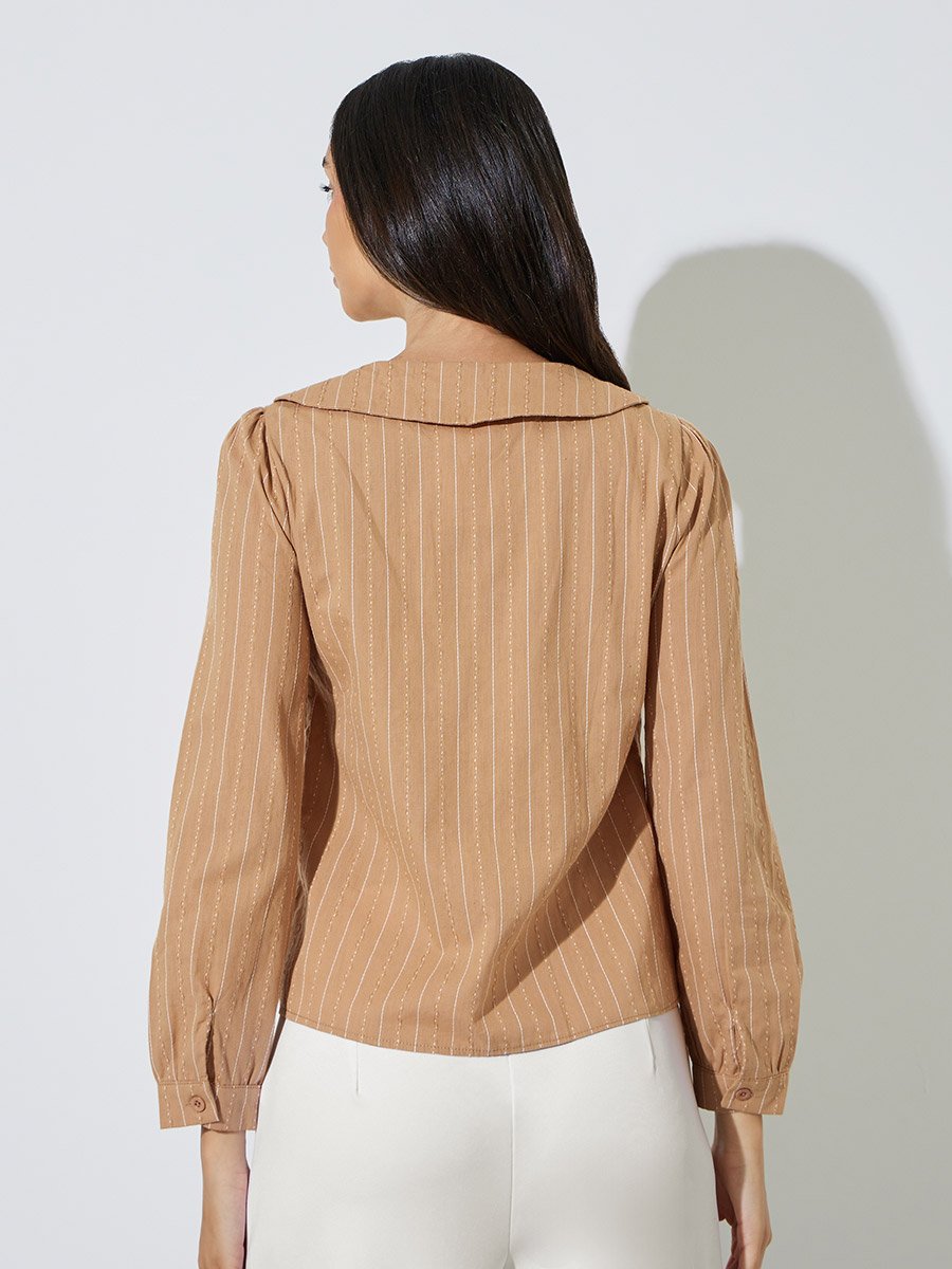 Brown Textured Peter Pan Collar Shirt