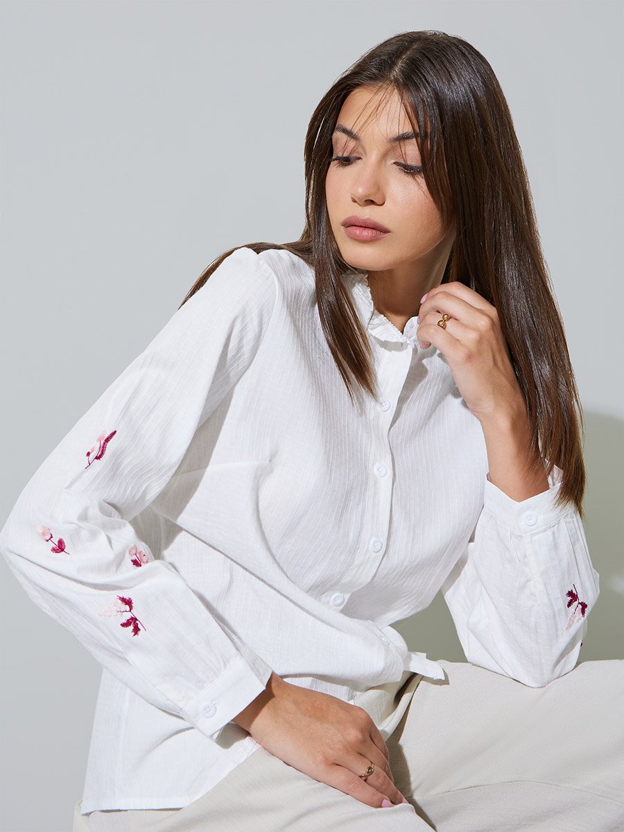 White Embroidered Button Front Blouse
