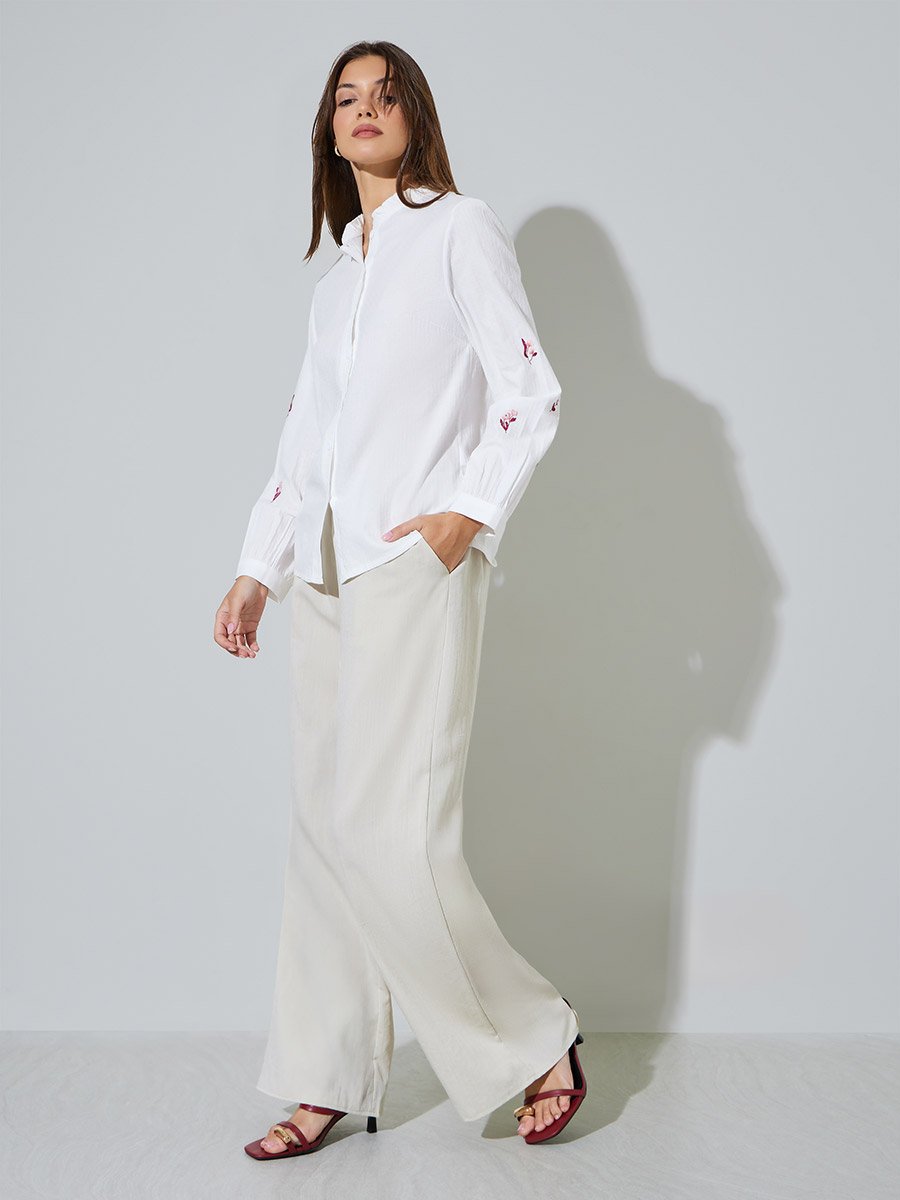 White Embroidered Button Front Blouse