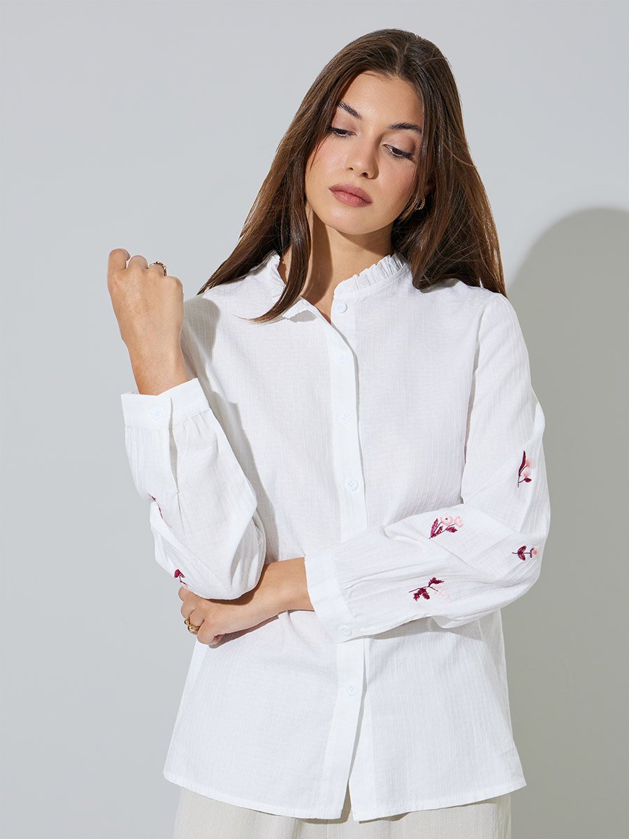 White Embroidered Button Front Blouse