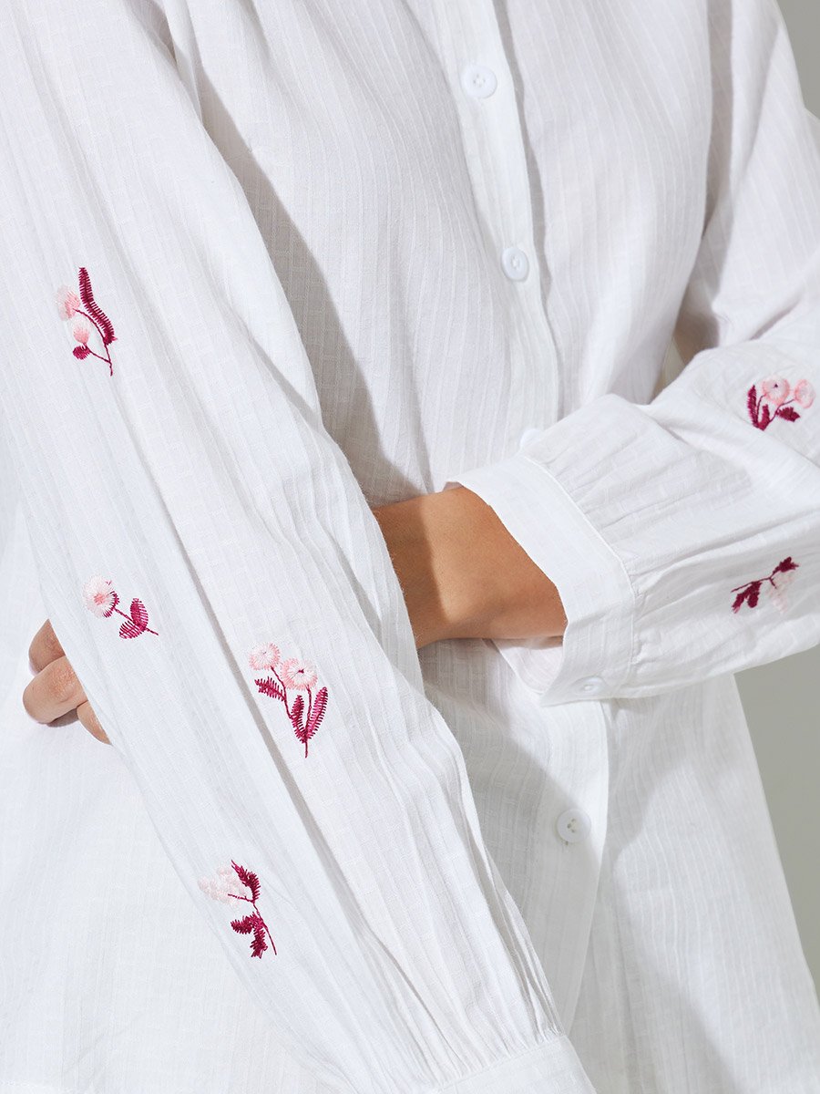 White Embroidered Button Front Blouse