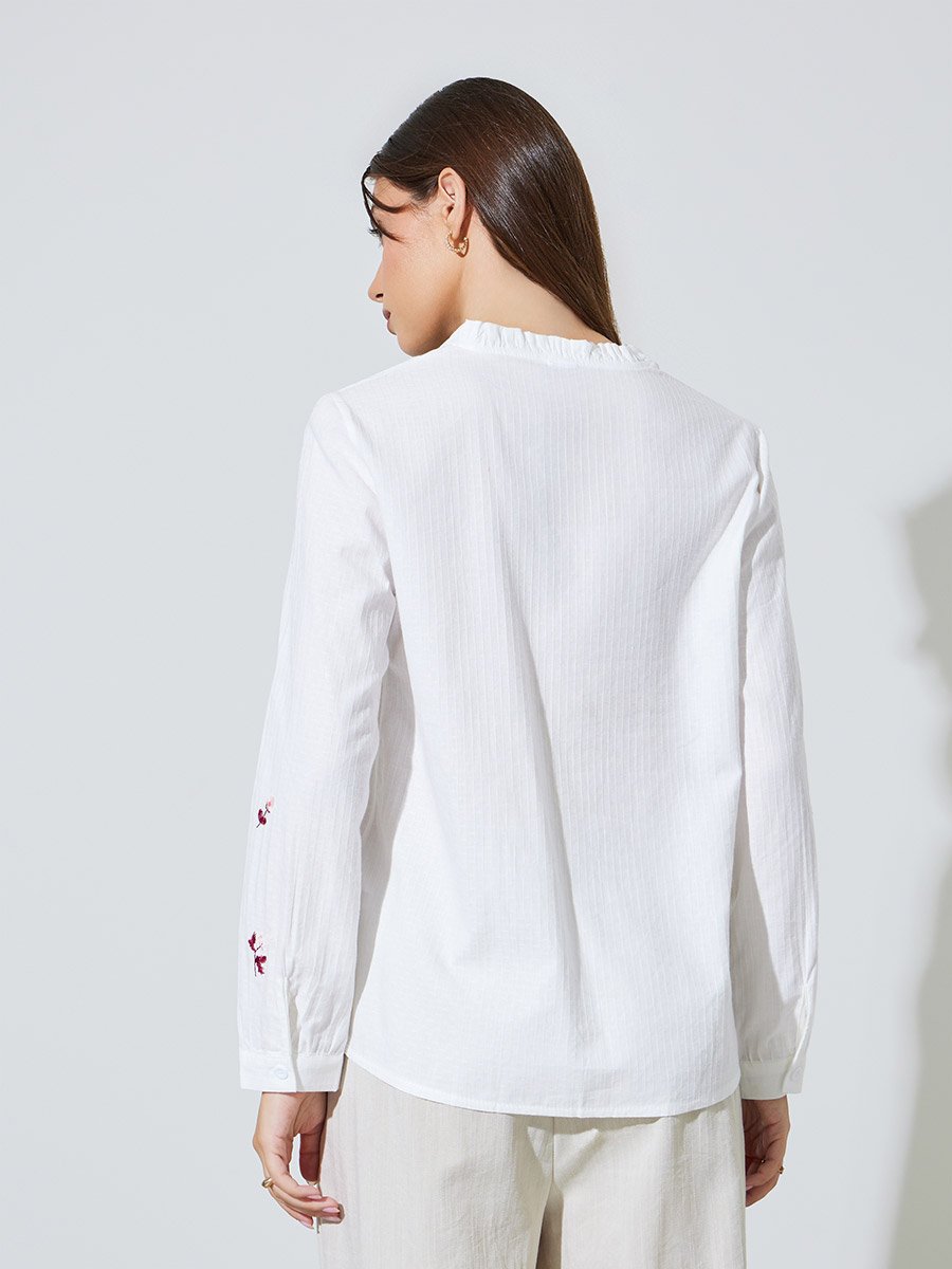 White Embroidered Button Front Blouse