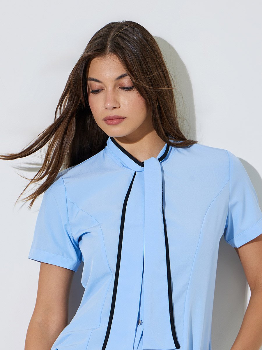 Blue Short Sleeve Blouse with Neck-Tie Detail
