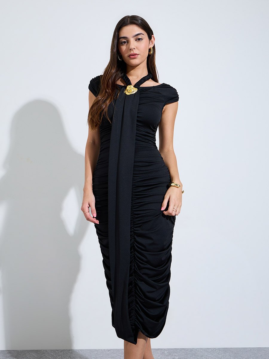 Black Ruched Midi Dress with Metal Decor
