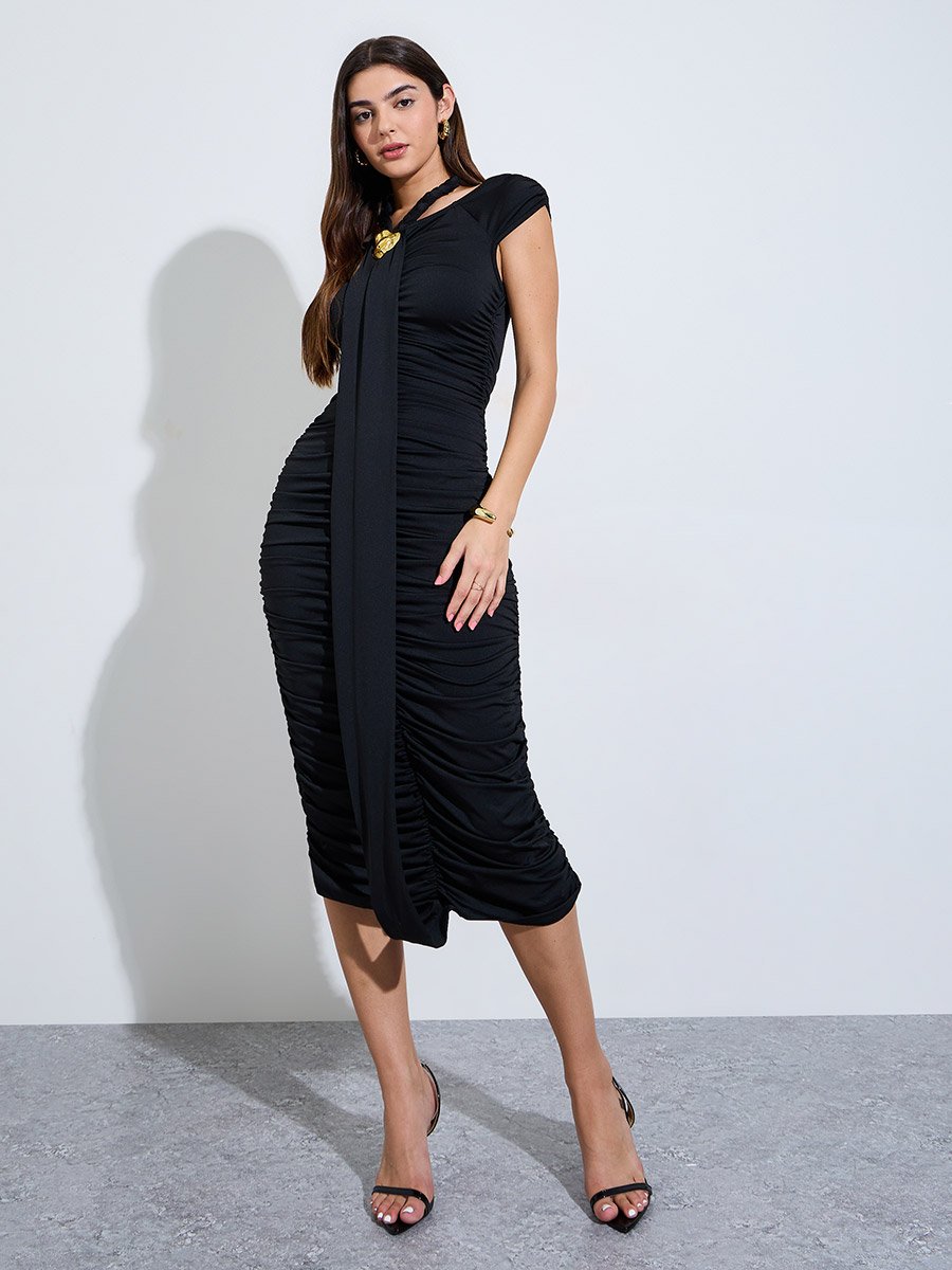 Black Ruched Midi Dress with Metal Decor