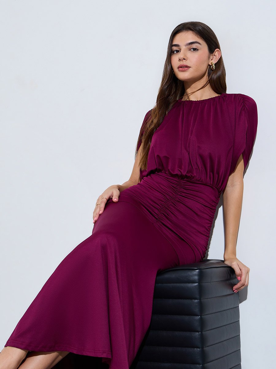 Burgundy Gathered Maxi Dress
