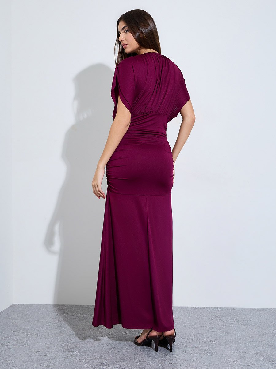Burgundy Gathered Maxi Dress
