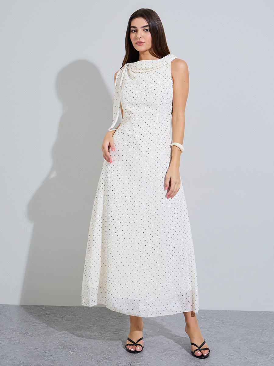 Off White Polka Dot Cowl Neck Maxi Dress