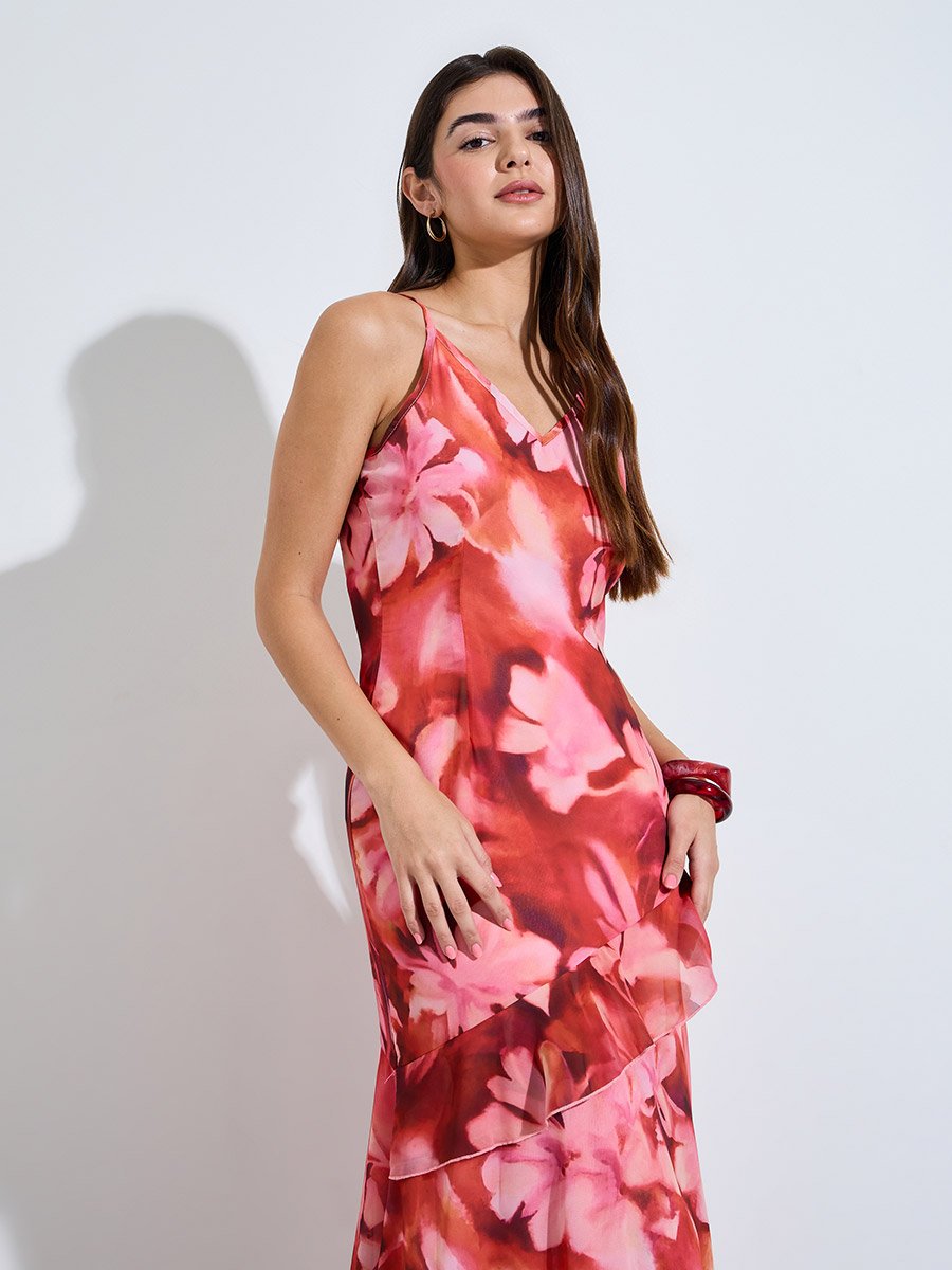 Red Floral Strappy A-Line Maxi Dress