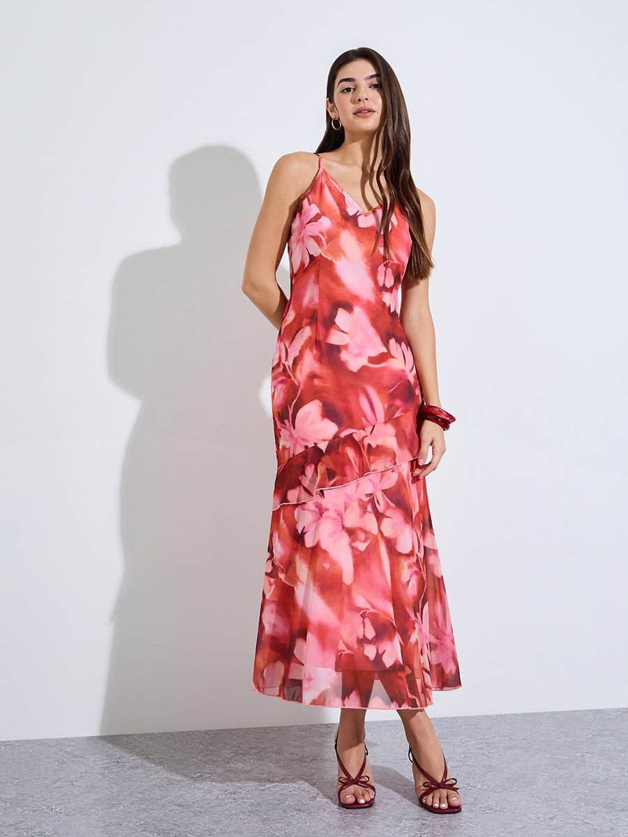 Red Floral Strappy A-Line Maxi Dress
