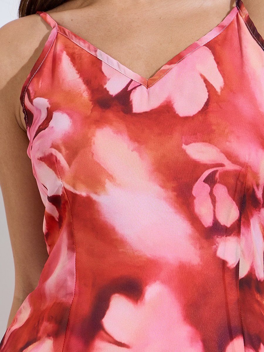Red Floral Strappy A-Line Maxi Dress