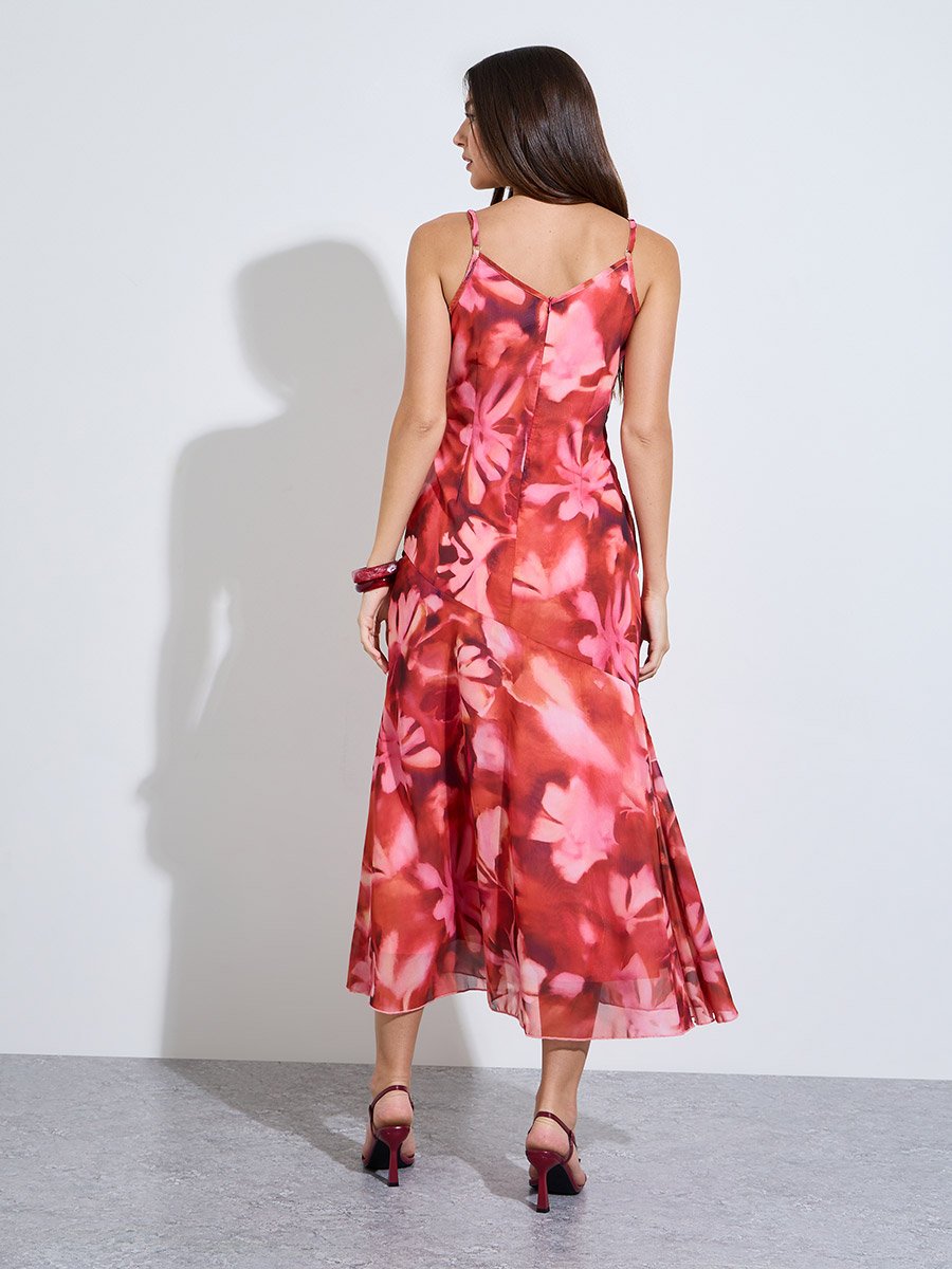 Red Floral Strappy A-Line Maxi Dress